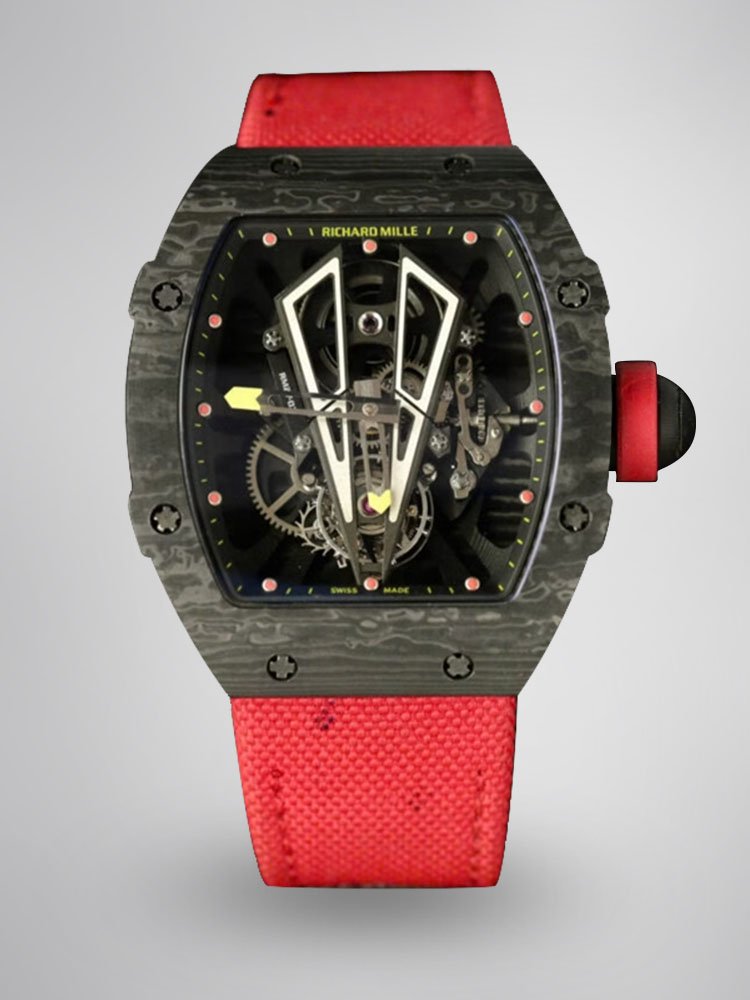 Swiss Replica Richard Mille RM27-03 Black Carbon Fiber Case with Red Woven Strap