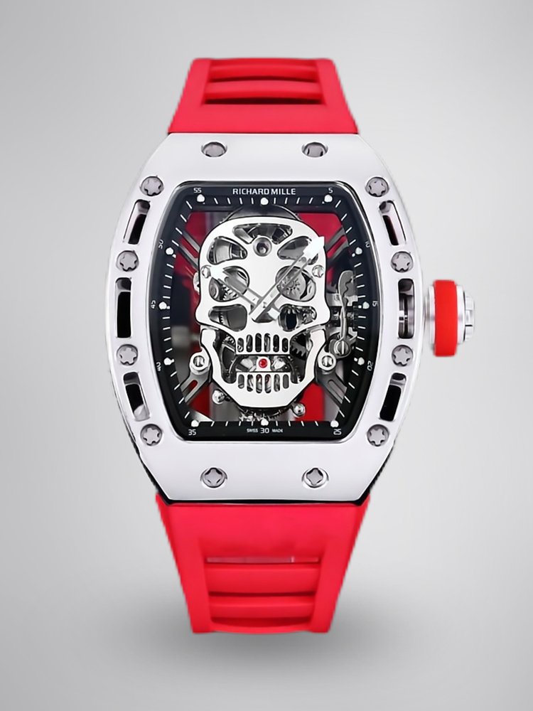 3f100cf33de3e758eda96aa822966f73.jpg Best Swiss Replica RICHARD MILLE RM 52 Tourbillon Super Clone Watch – Skull Skeleton Dial, Red Strap - Image 1