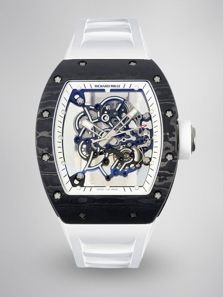 Richard Mille RM055 Skeleton Swiss Replica, Titanium Carbon Fiber Case, White Rubber Strap