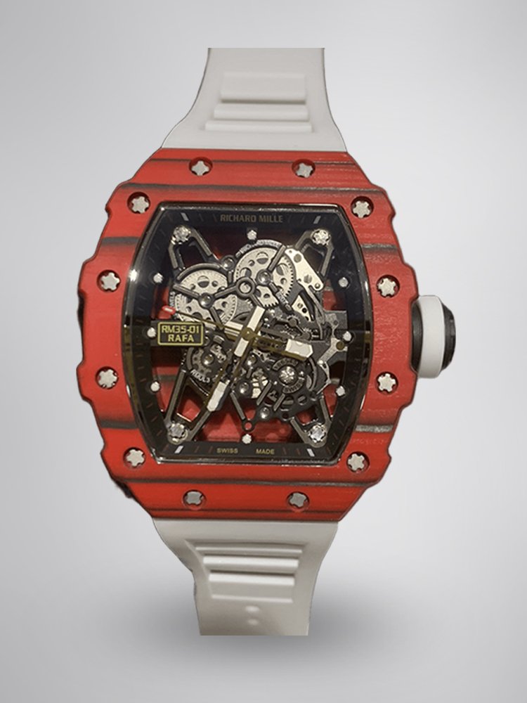 67cfb7fd516608a4077cce70047e7037.jpg Swiss Richard Mille RM 35-01 Replica Rafael Nadal Red Case Watch – Carbon Fiber Case, Luxury Sport Design - Image 1
