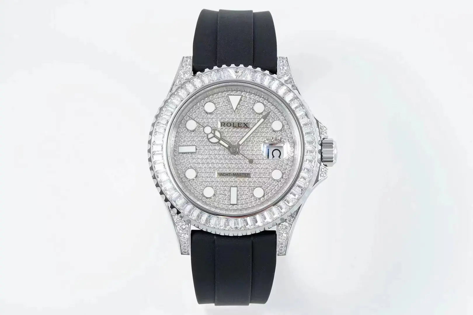 src_0-146.webp Rolex Yacht-Master 42mm Diamond Set Watch – Silver Dial with Black Rubber Strap - Image 1