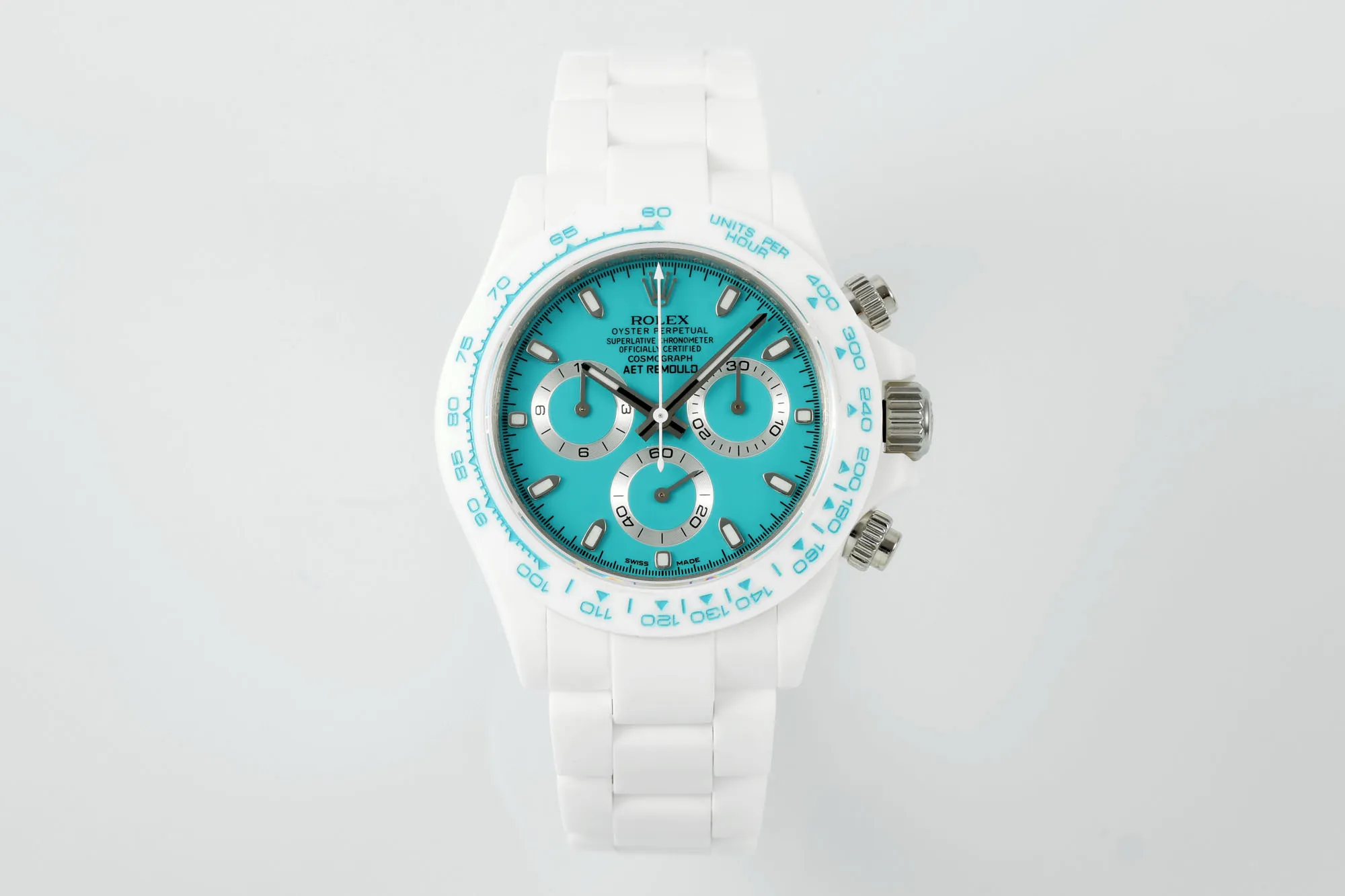 src_0-198.webp Rolex Daytona Ceramic Watch – White Strap, Turquoise Dial - Image 1