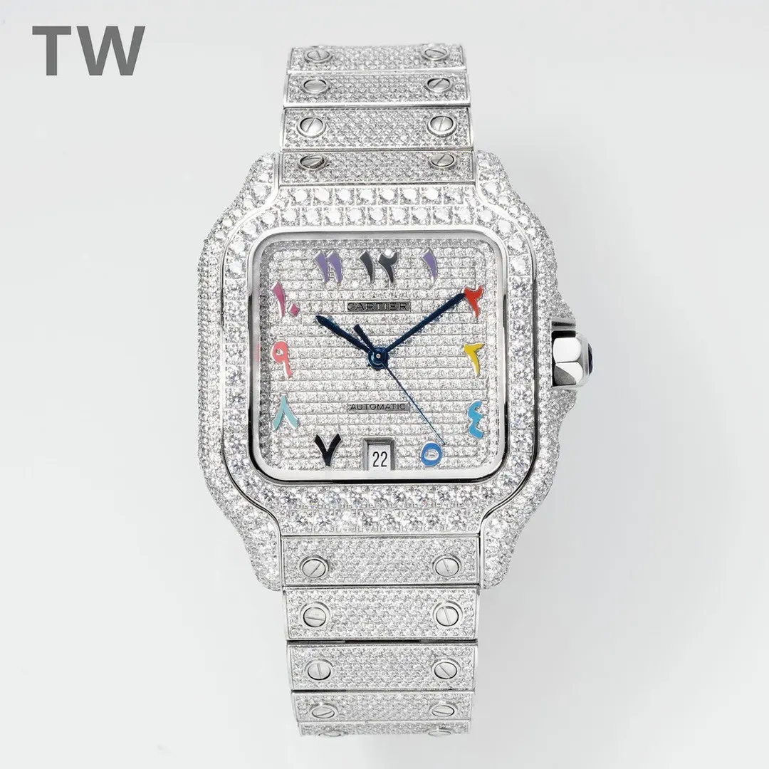 src_0-42.webp Cartier Santos Full Diamond Bezel Silver Watch - Image 1